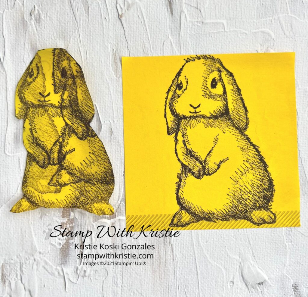 Masking Technique shown as a stamped bunny on a post it note and then one one a post it note cut out as per directions.