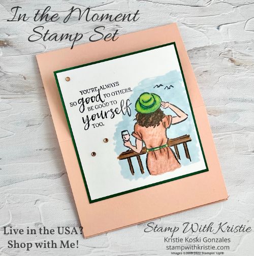 Front of Easel Fold Card with In the Moment Stamp Set woman looking over a railing out into the ocean with a glass of wine in her hand.